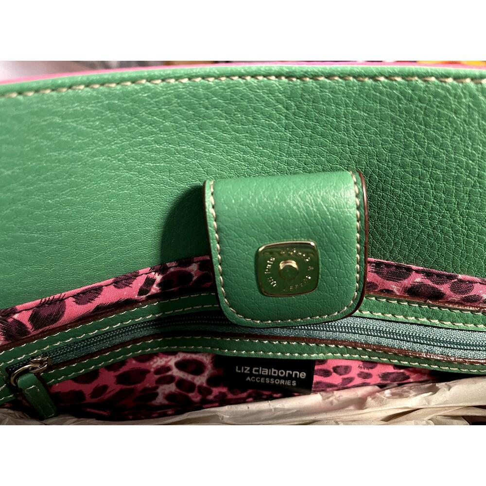 NEW Liz Claiborne Pink Green Shoulder Handbag Purse Tote Computer Bag Glamour - Picture 6 of 7